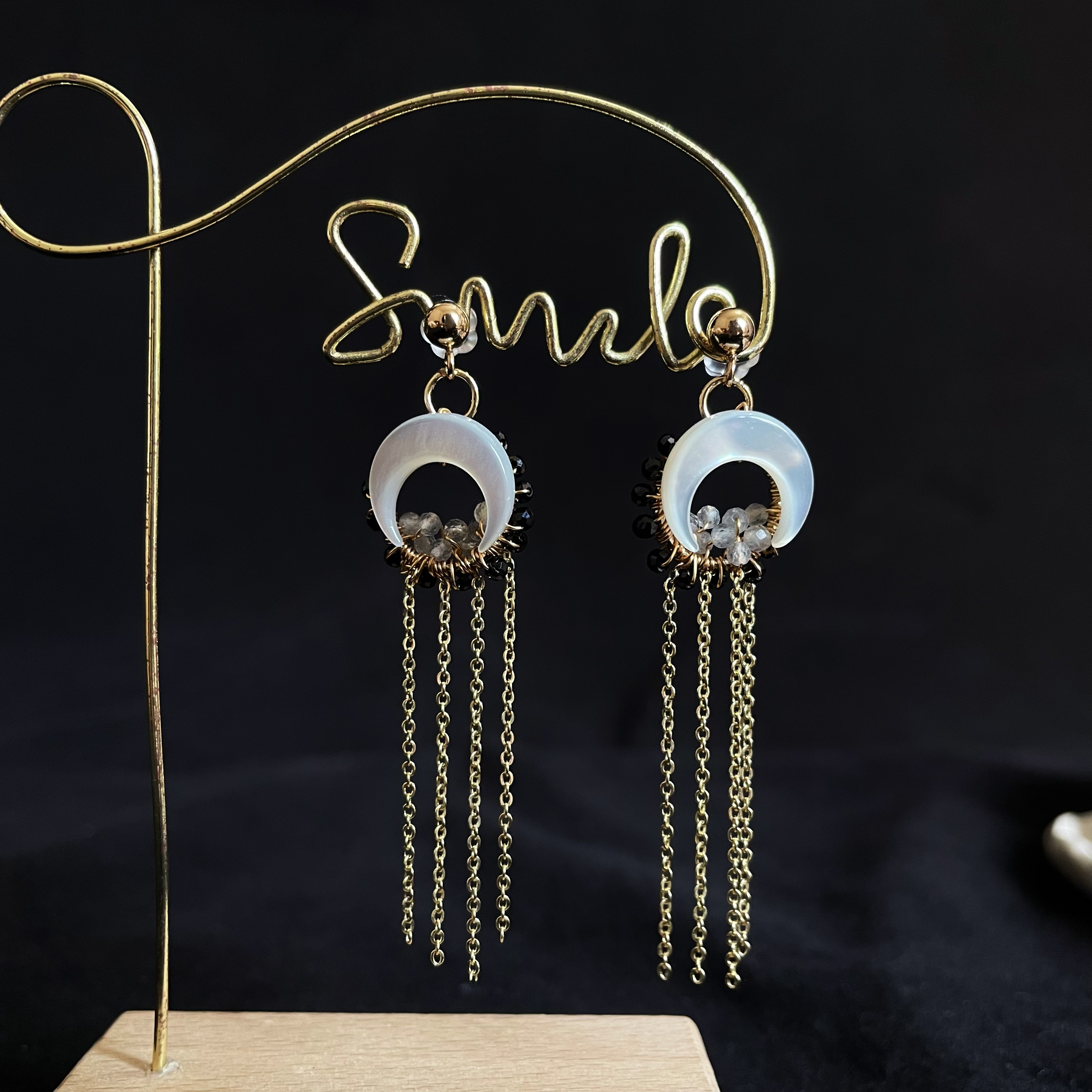 Black Spinel Woven Circle with Mother of Pearl Crescent Moon Earrings