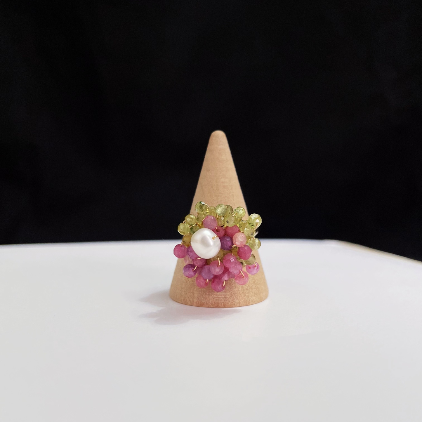 Handcrafted Spring Blossom Peridot Pink Tourmaline Cluster with Pearl Centre Ring