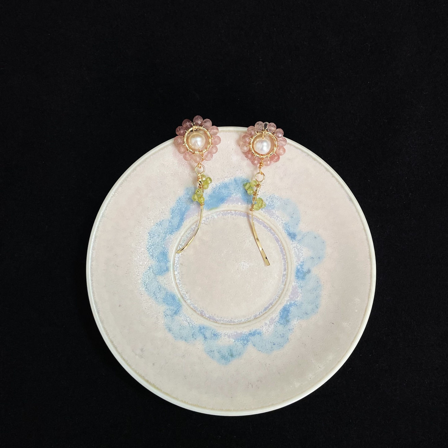 Handcrafted Spring Blossom Strawberry Quartz Flower with Pearl Core Earrings