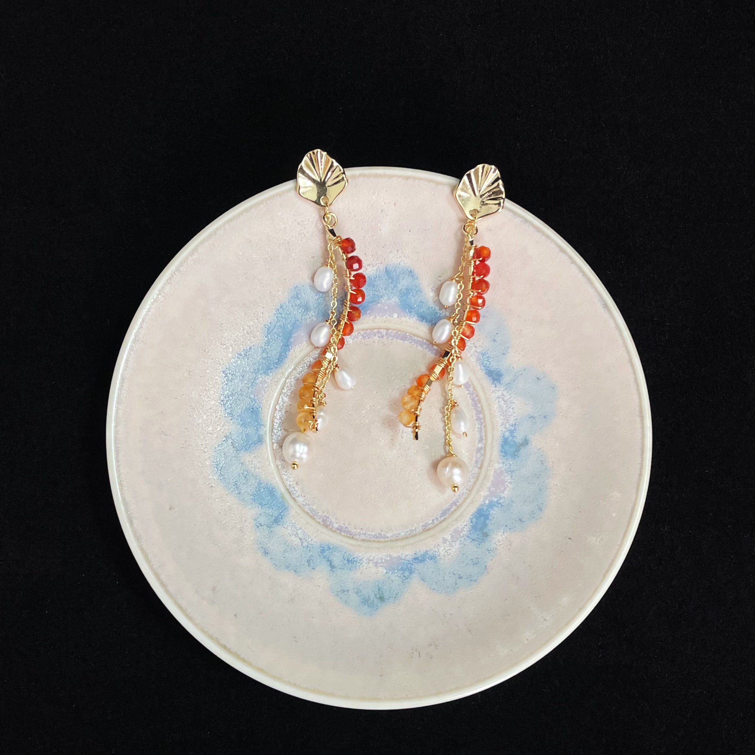 Handcrafted Red Agate and Pearl Tassel Drop Earrings