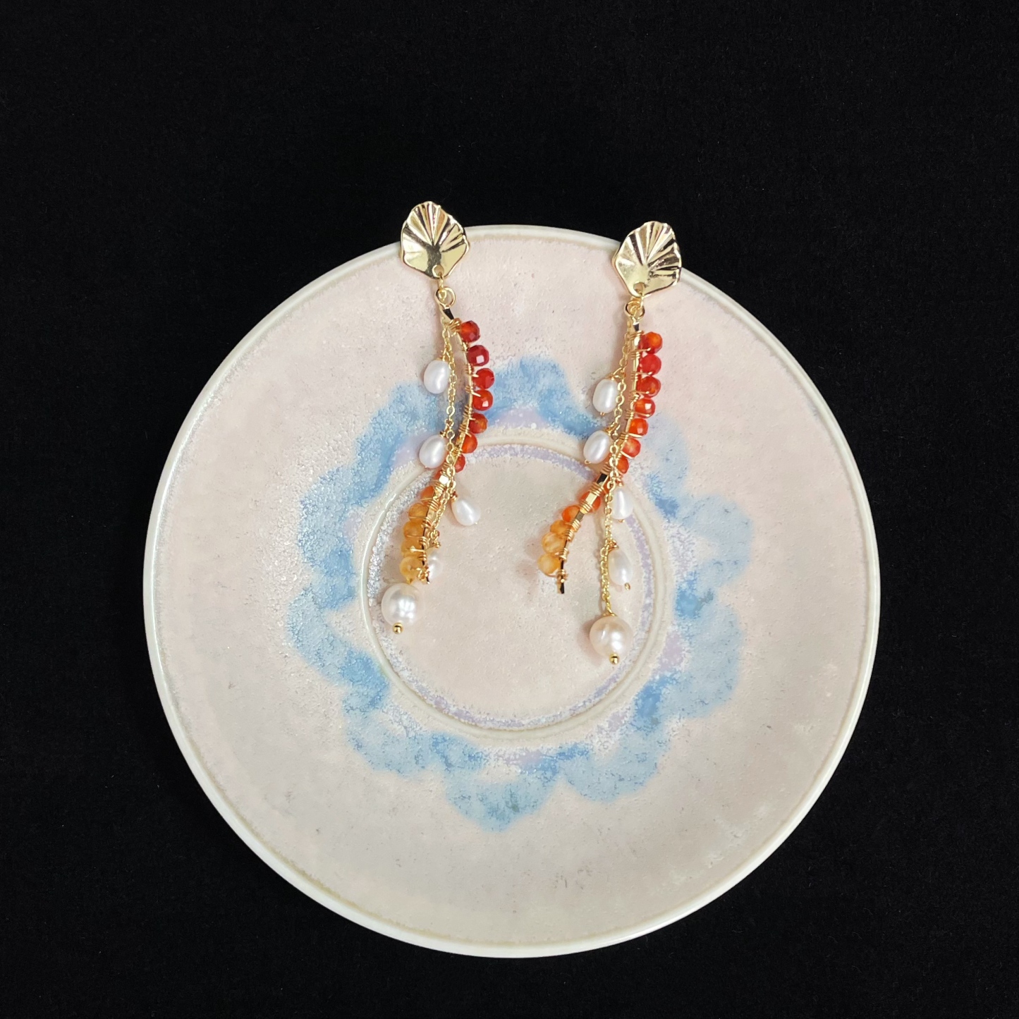 Handcrafted Red Agate and Pearl Tassel Drop Earrings