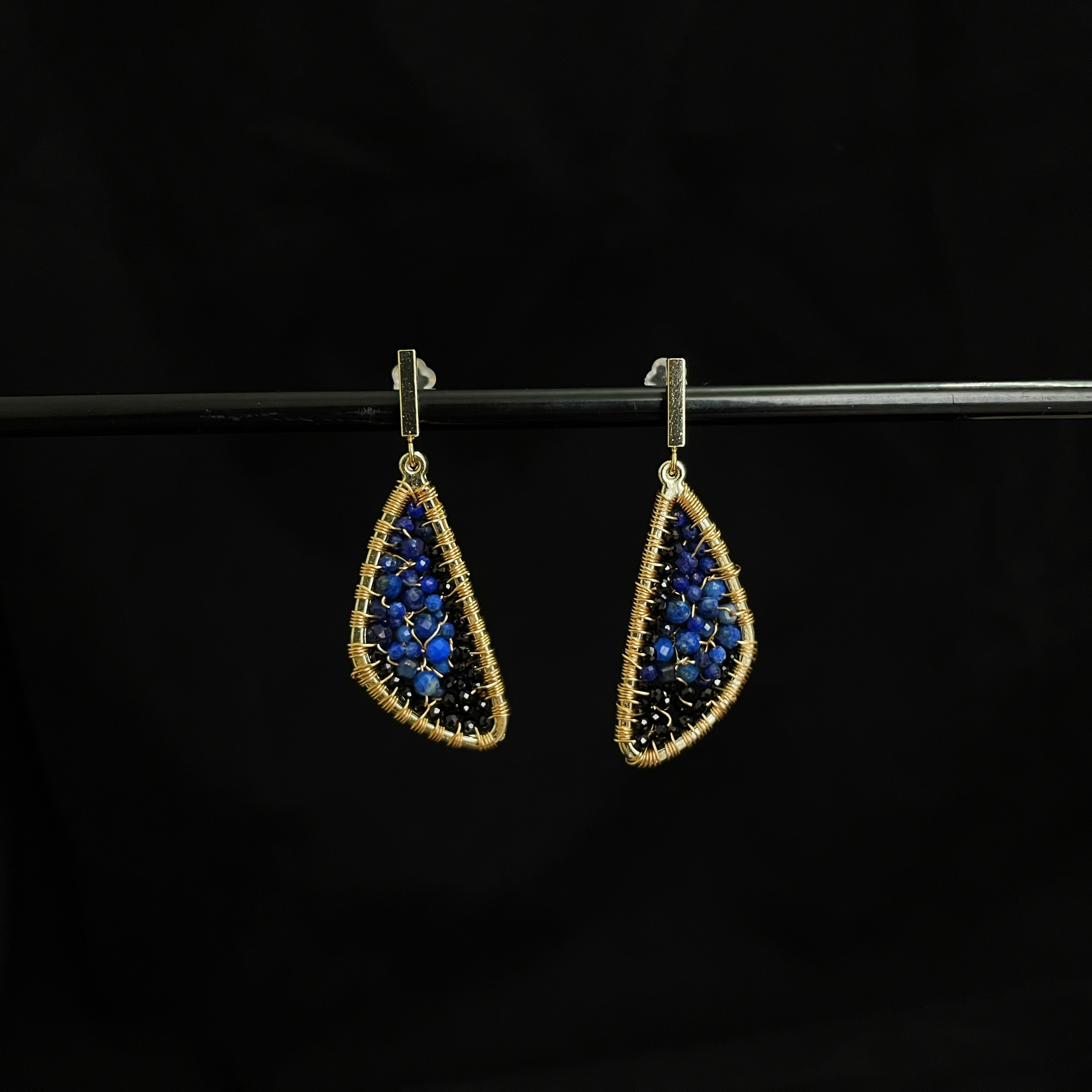 Handcrafted Papilio ulysse Wings Black Spinel and Lapis Lazuli Earrings 