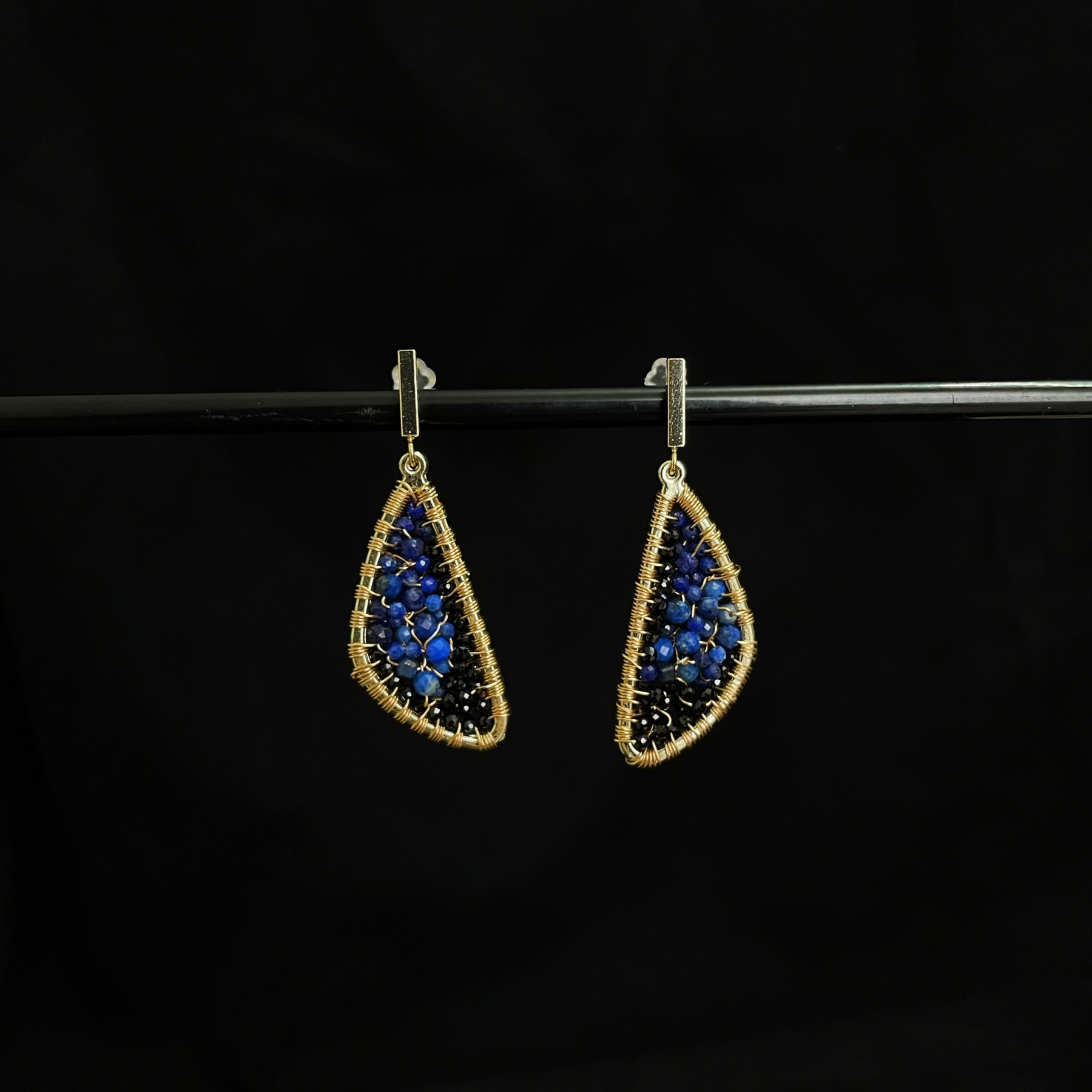 Handcrafted Papilio ulysse Wings Black Spinel and Lapis Lazuli Earrings 
