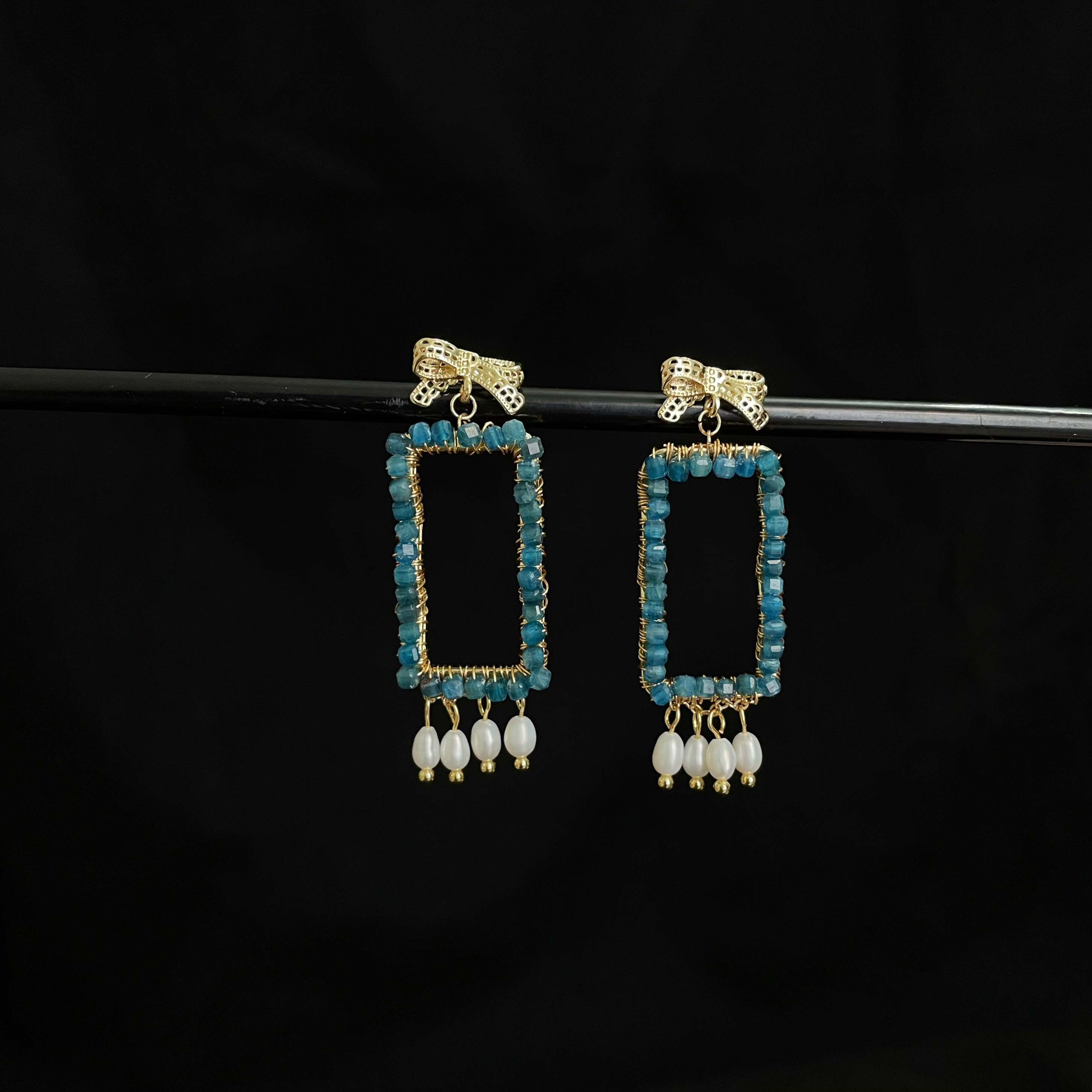 Handcrafted Woven Blue Apatite and Pearls Drop Magic Mirror Earrings