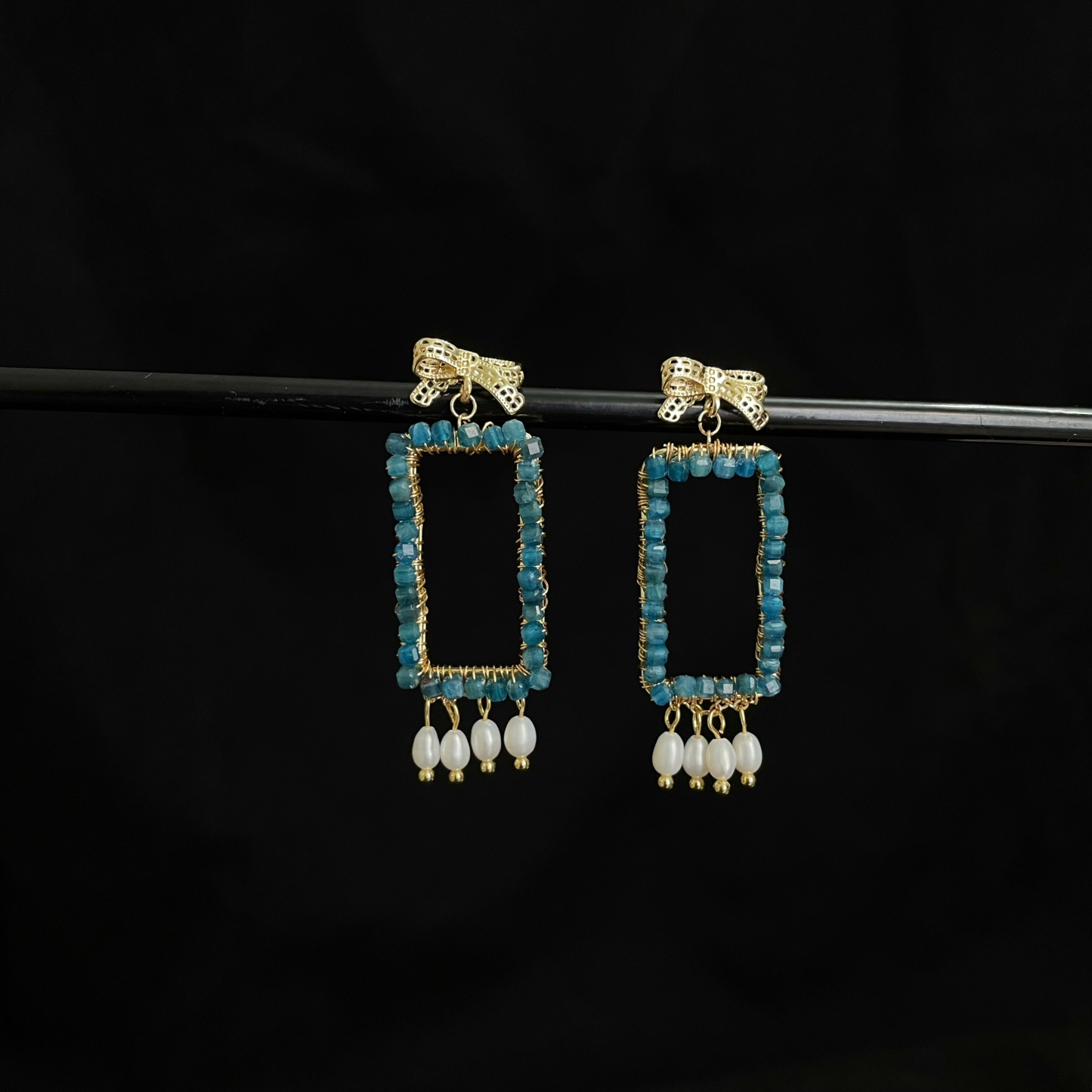 Handcrafted Woven Blue Apatite and Pearls Drop Magic Mirror Earrings