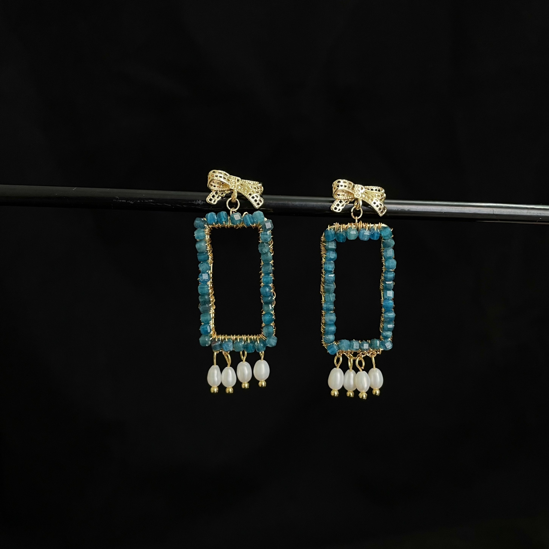 Handcrafted Woven Blue Apatite and Pearls Drop Magic Mirror Earrings