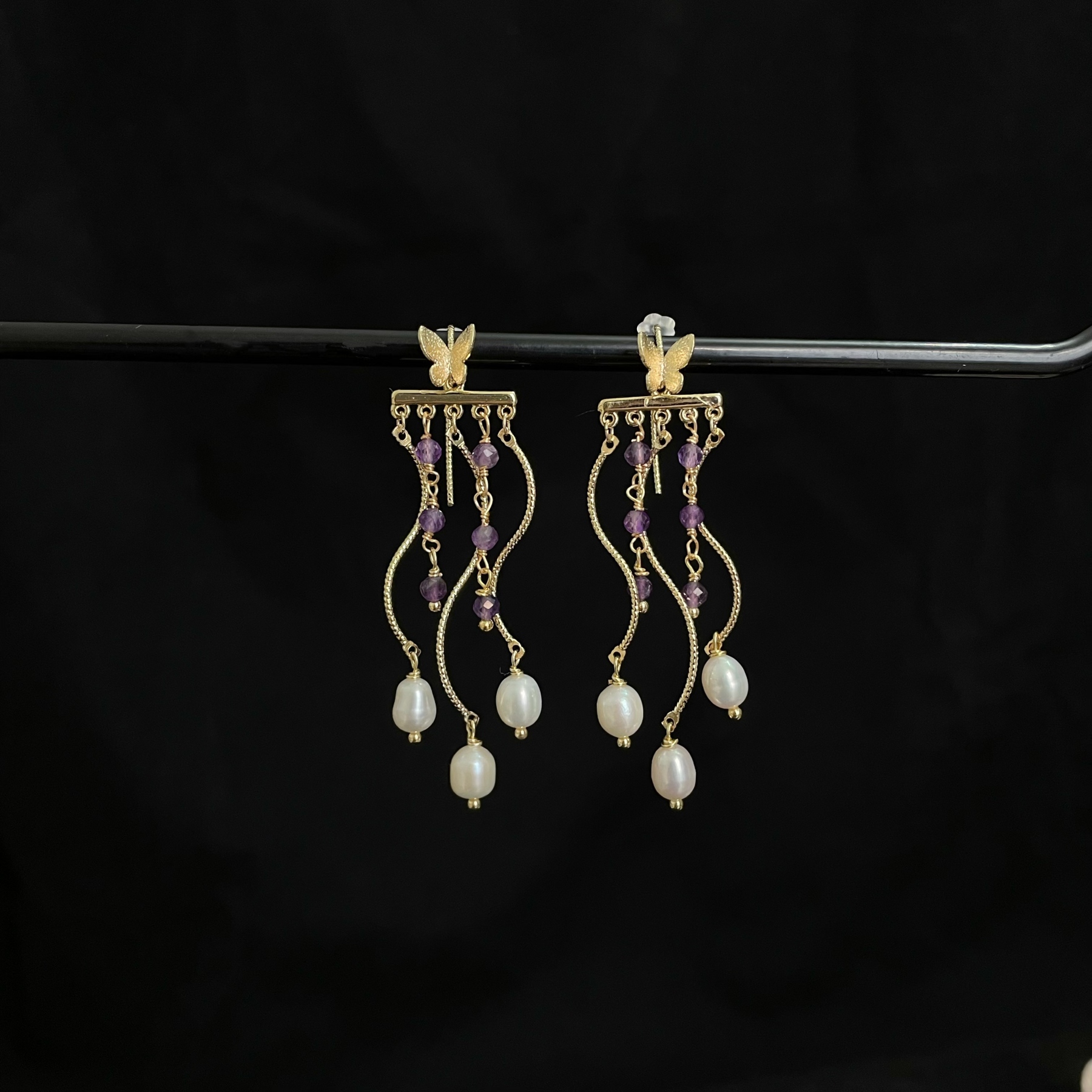 Handcrafted Shining Butterfly with Amethyst and Pearls Tassel Earrings