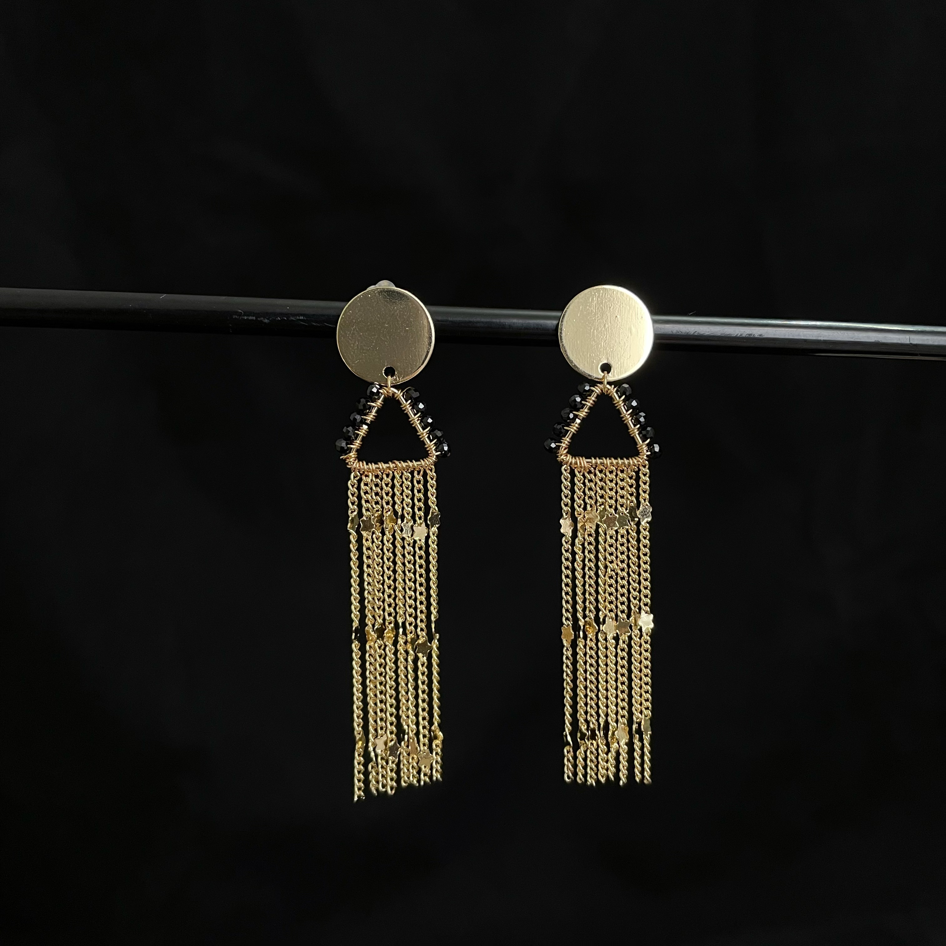 Handcrafted Meteor Shower Black Spinel and Chains tassels Earrings