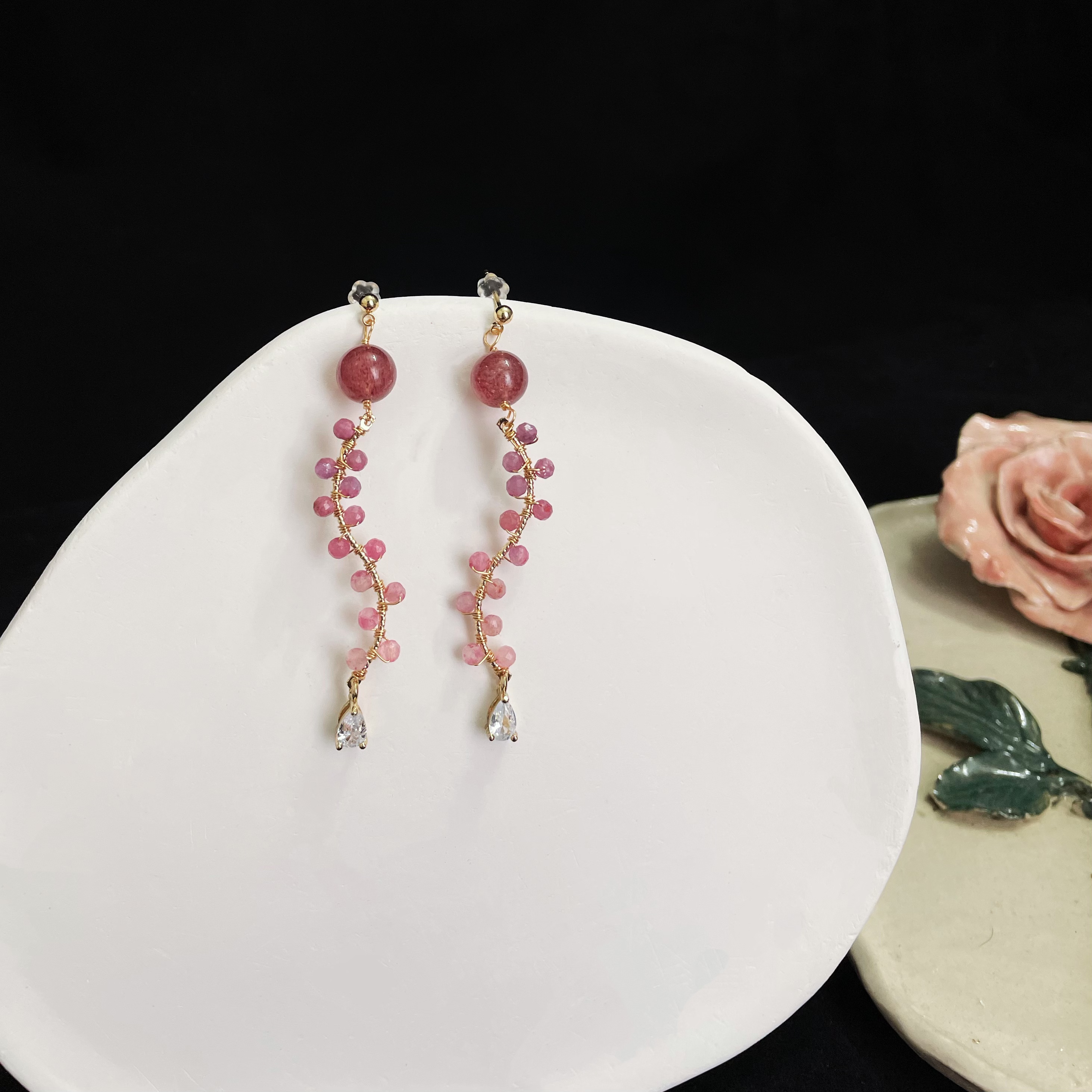 Handcrafted Berry Vine Earrings Made of Strawberry Quartz and Tourmaline
