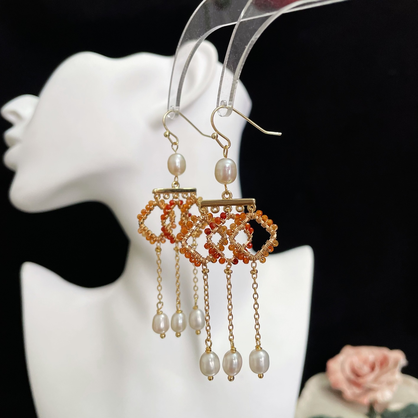 Handcrafted Geometric Red Aventurine and Pearls Drop Elegance Earrings 