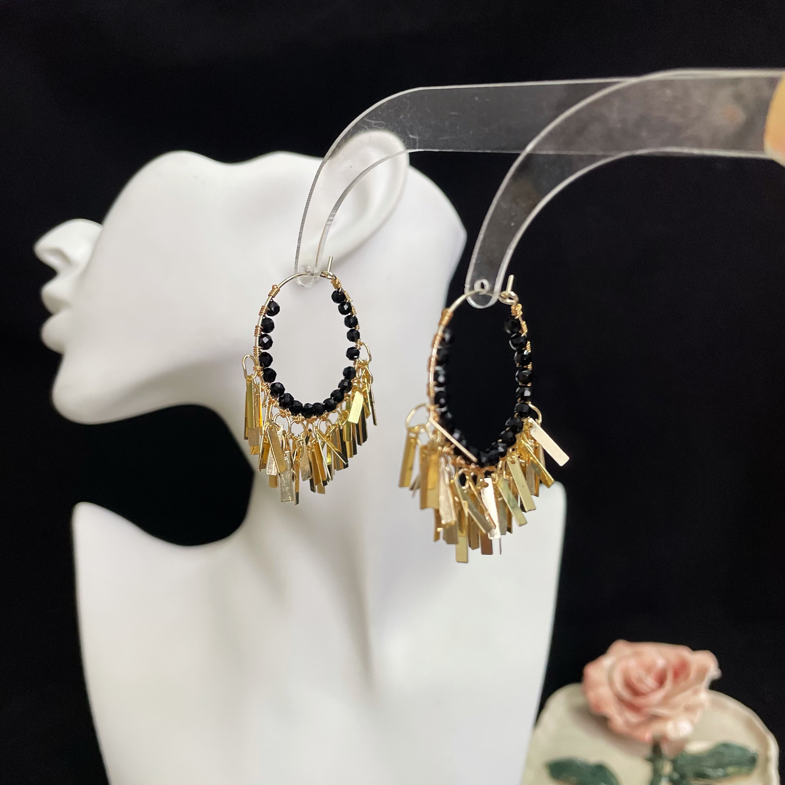 Handcrafted Woven Black Spinel with Golden Tassel Hoop Earrings