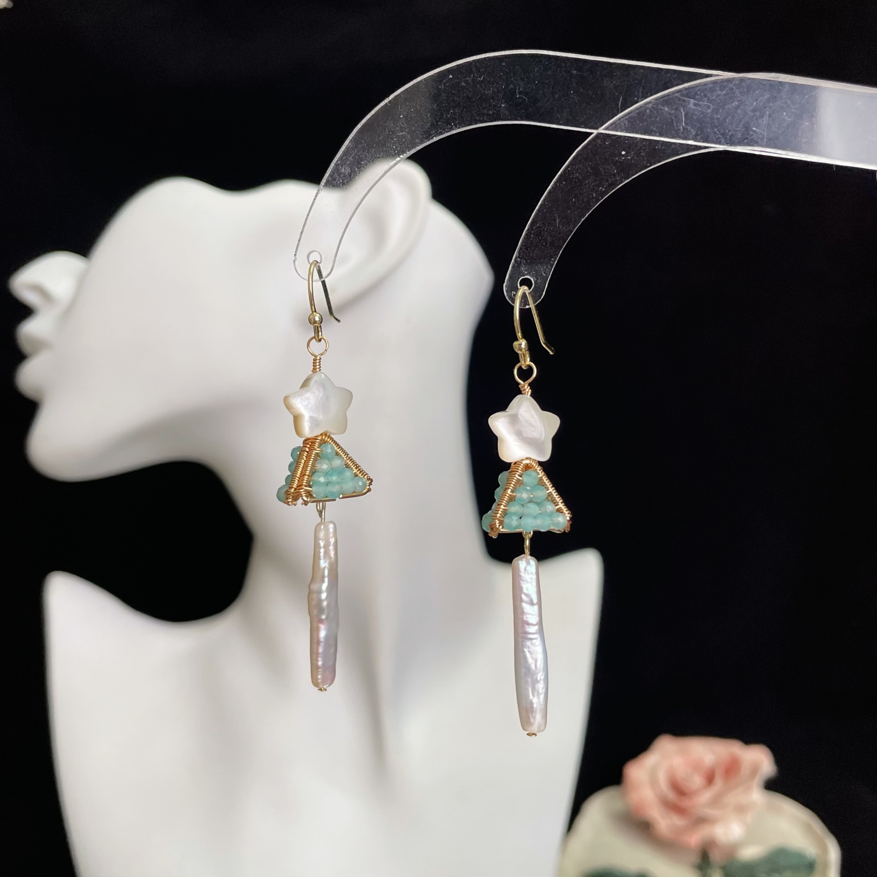 Handcrafted Amazonite Minty Christmas Tree Earrings with Star