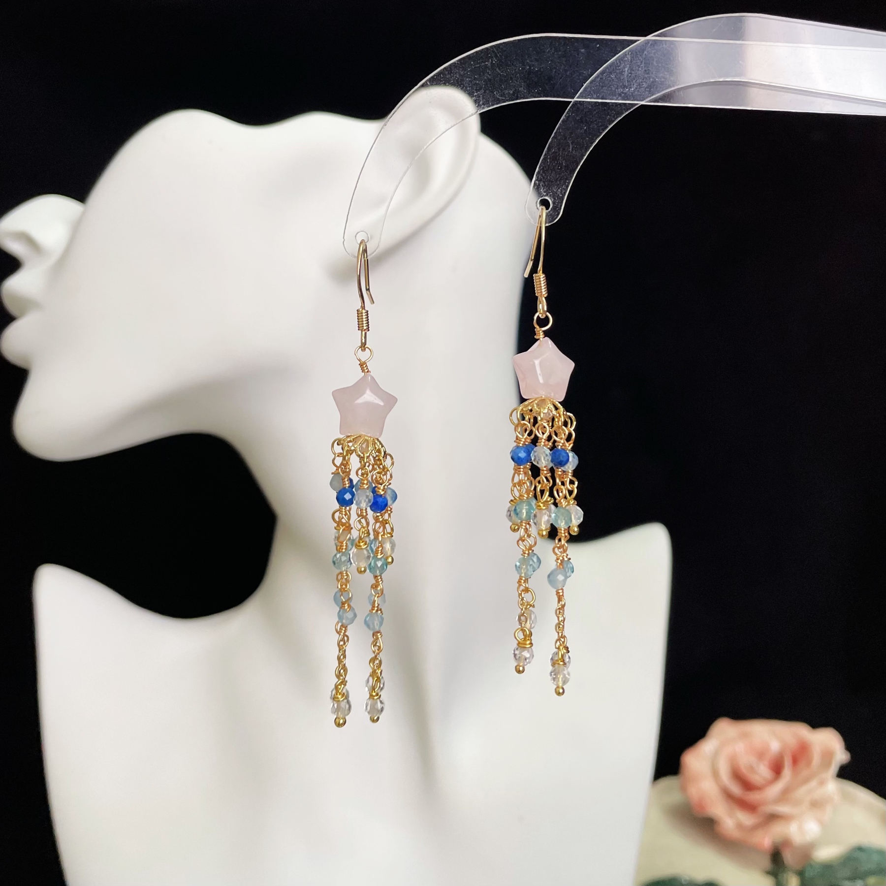 Handcrafted Celestial Cascade Rose Quartz Star and Blue Gemstone Tassel Earrings