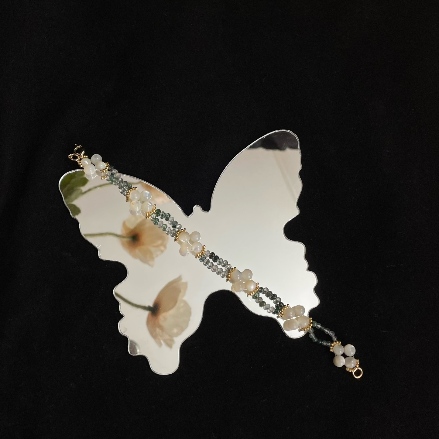 Handcrafted Clover Blossom Bracelet Made of Trochus Shell Beads Moss Agate