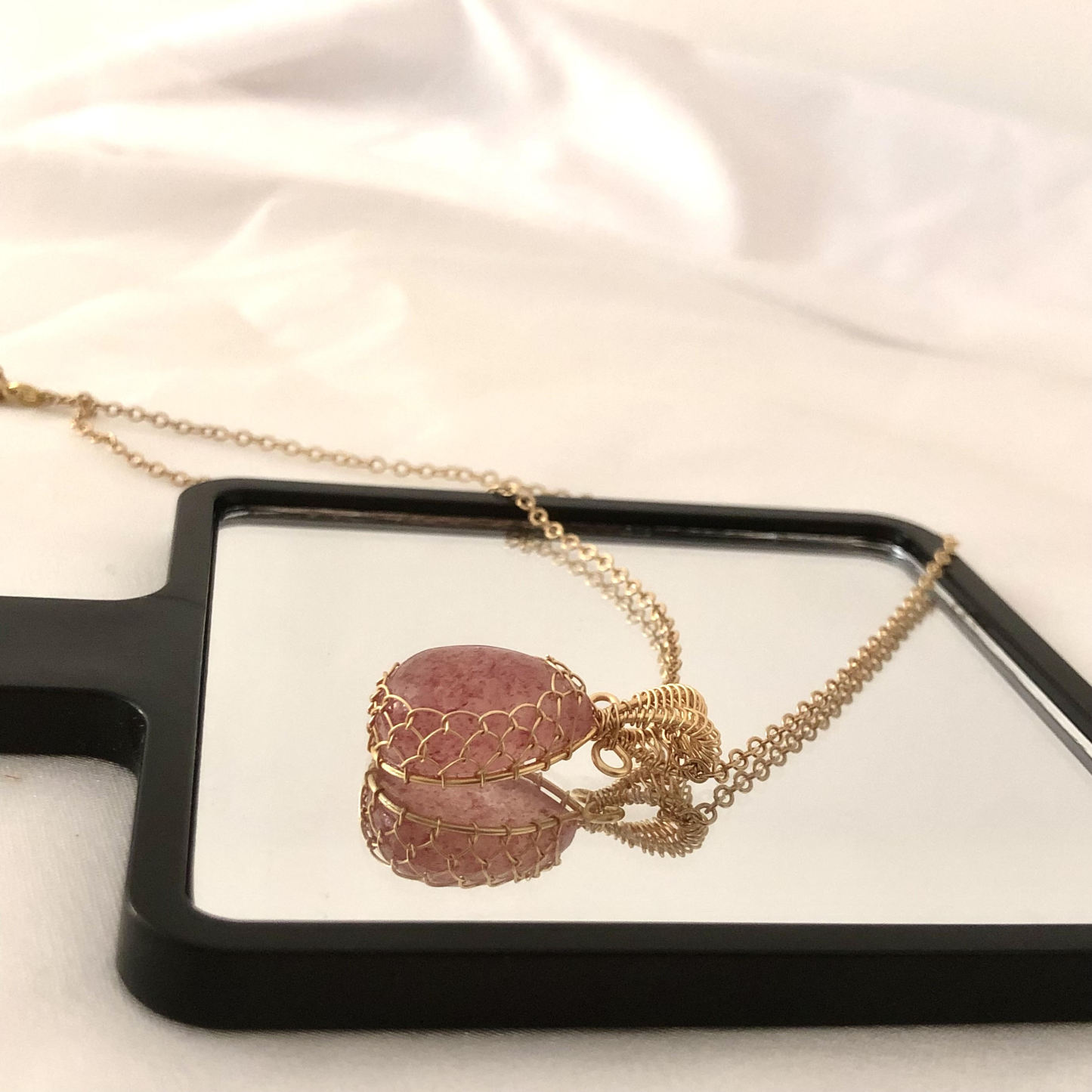 Handcrafted Teardrop Strawberry Quartz Woven Necklace