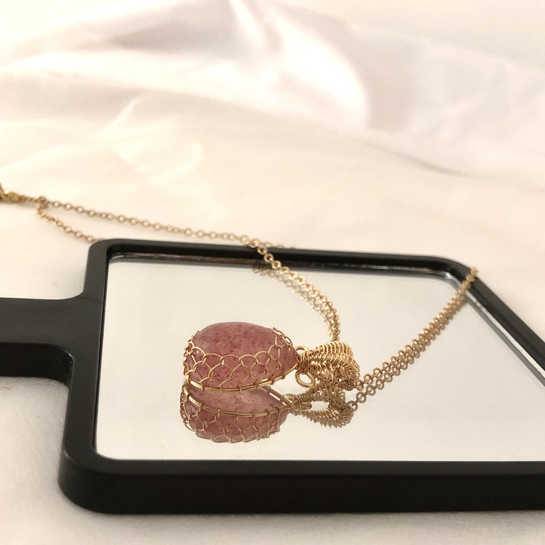 Handcrafted Teardrop Strawberry Quartz Woven Necklace