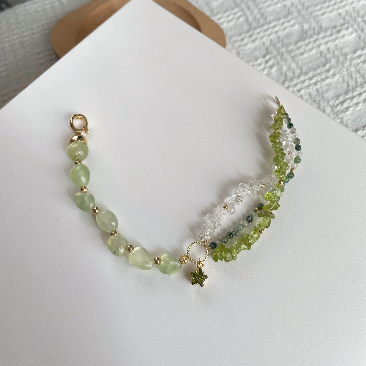 Handmade Forest Star Bracelet Prehnite Peridot Moss Agate and Clear Quartz