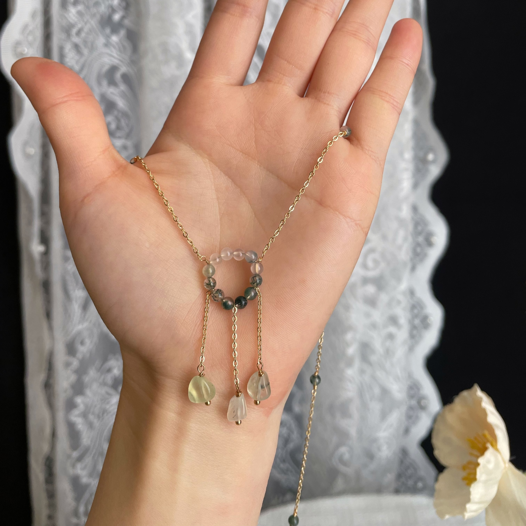 Handmade Whispering Grove Forest Circle Necklace Prehnite and Moss Agate