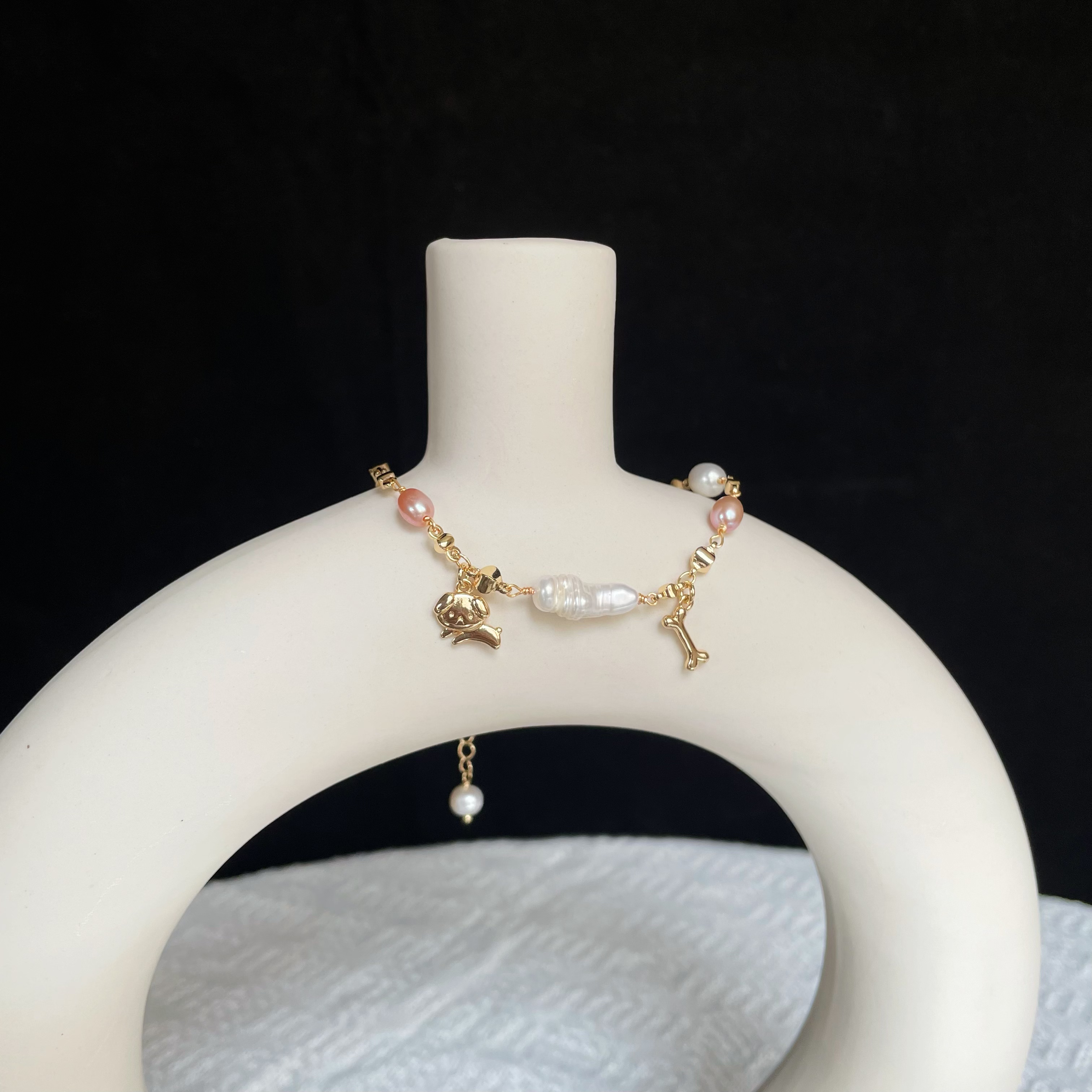 Handmade Freshwater Pearl and Bead Chain Bracelet with Dog Charms