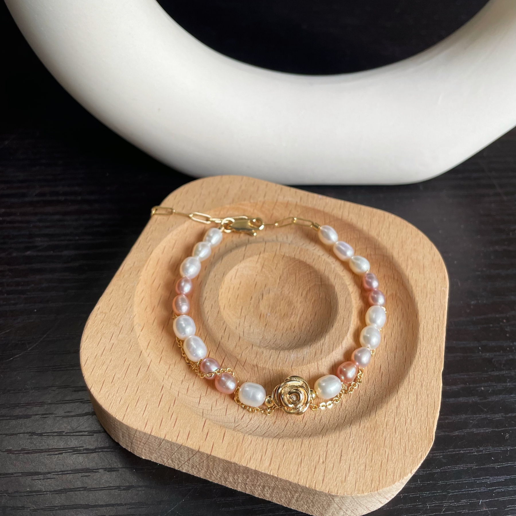 Handmade Elegant White and Purple Freshwater Pearl Bracelet with Rose Accent 