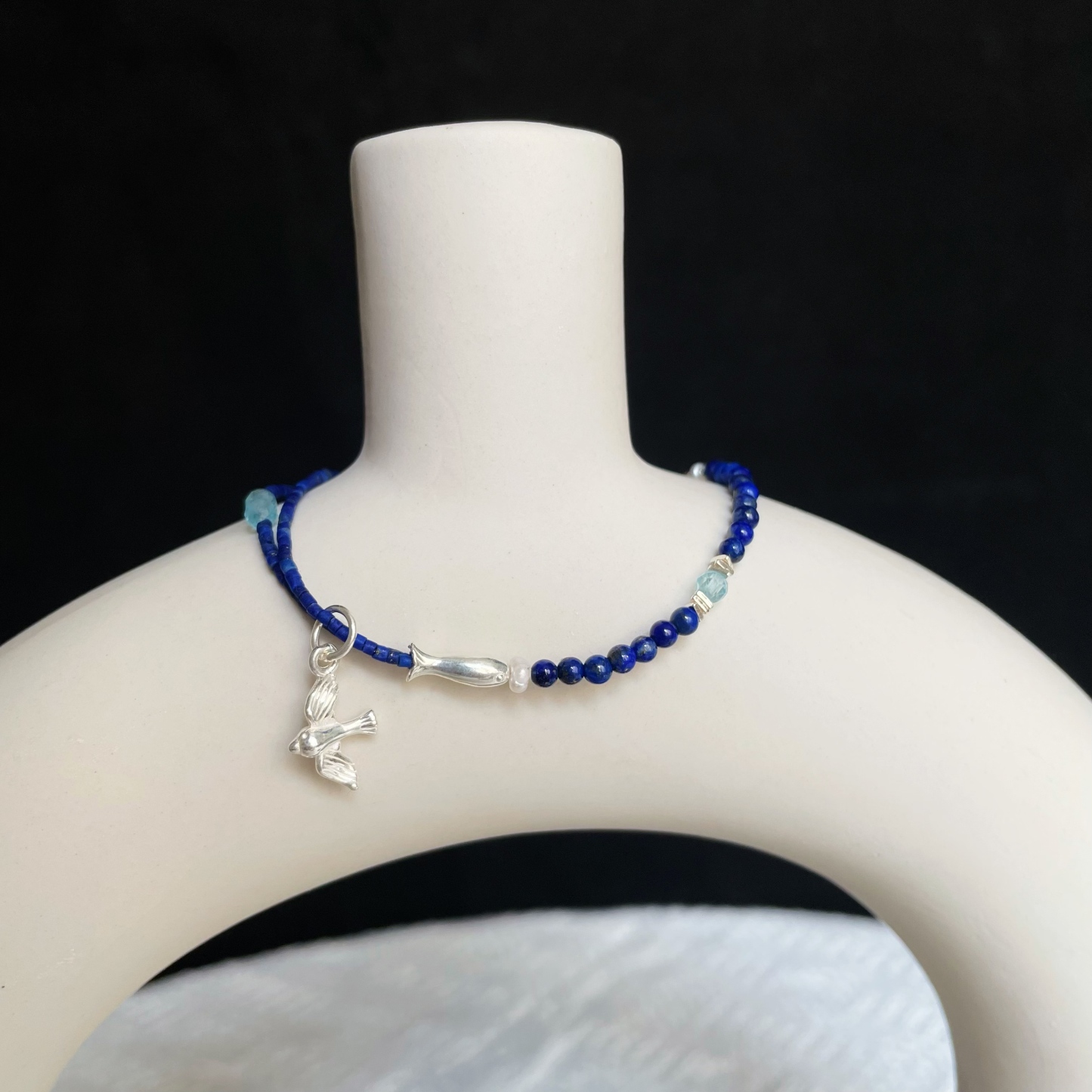 Handmade Lapis Lazuli Blue Apatite and Pearls Bracelet with Sterling Silver Bird and Fish Charms