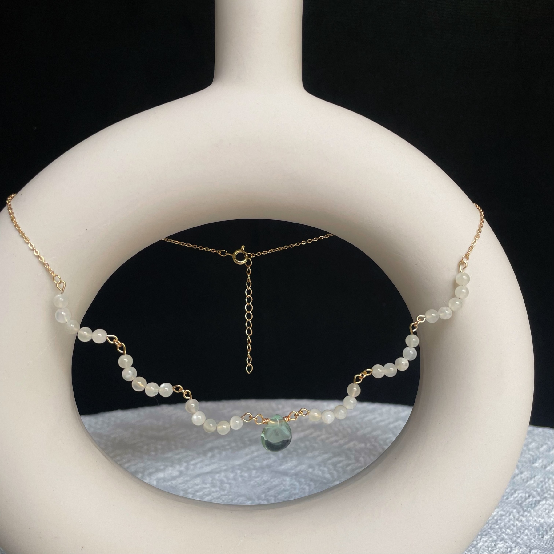 Handmade White Moonstone Blossom with Green Fluorite Teardrop Pendant Necklace