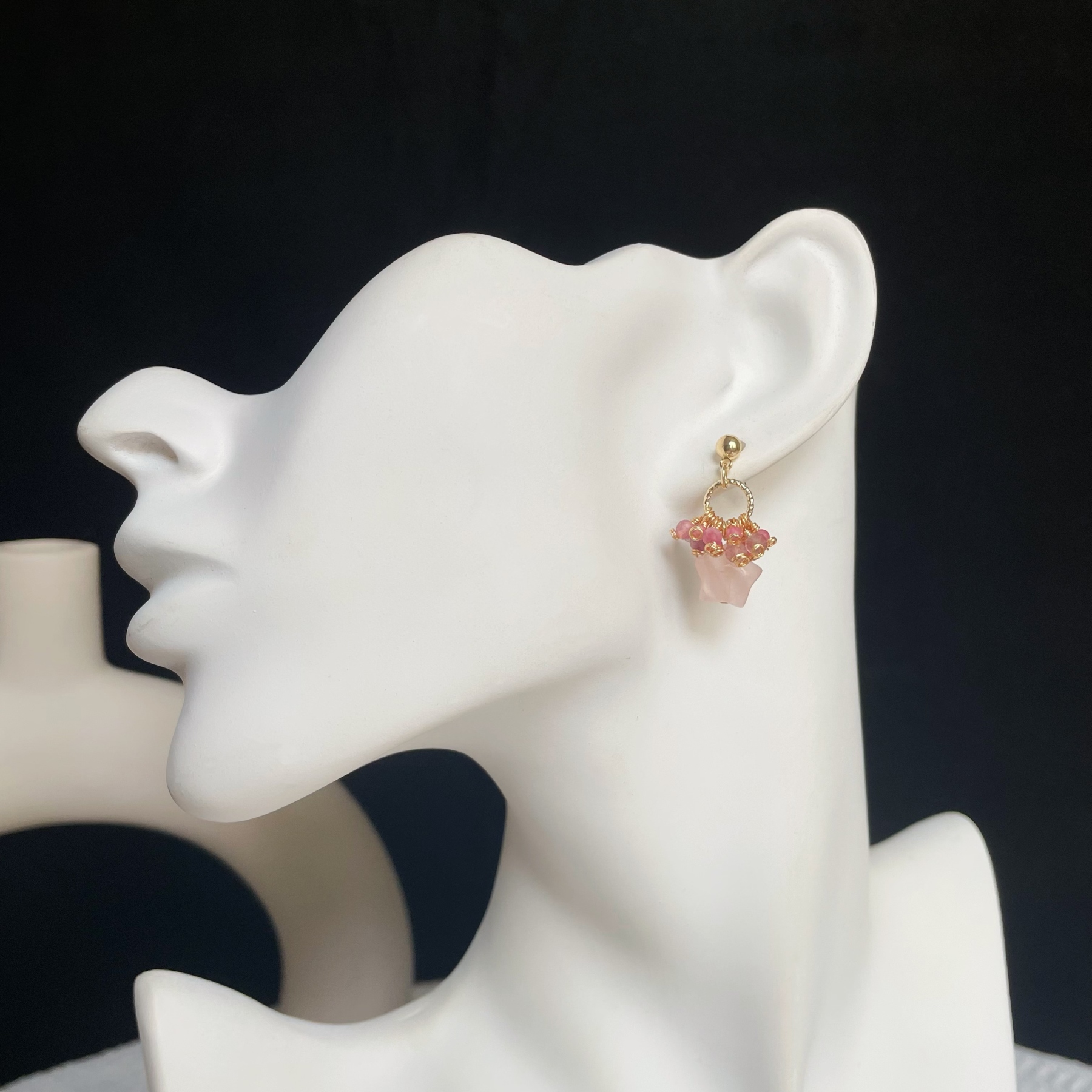 Handmade Rose Nebula Earrings Rose Quartz Star Drop with Pink Tourmaline and Strawberry Quartz Cluster