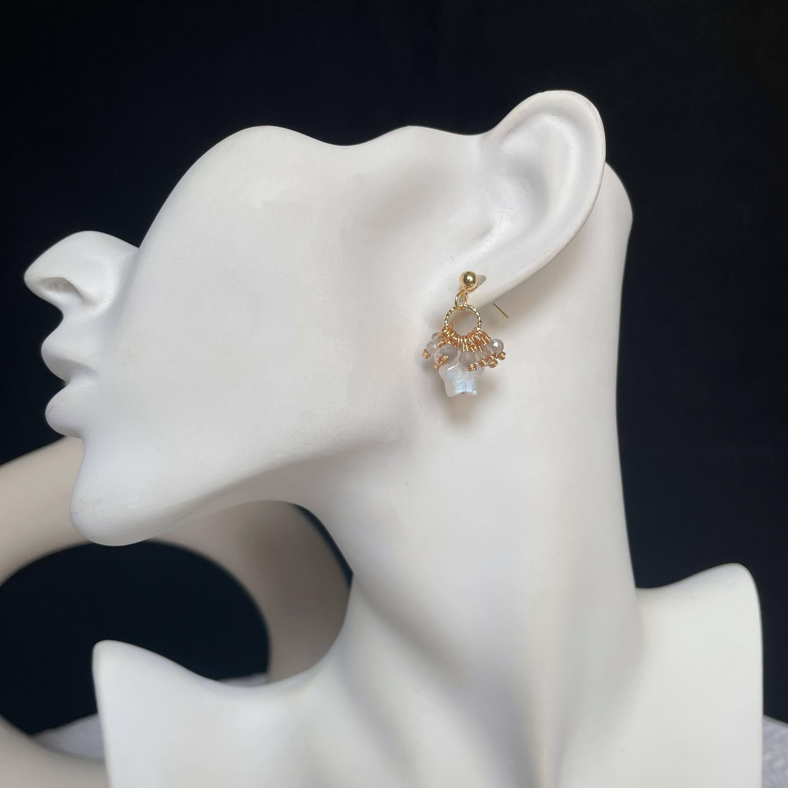 Handmade Moonlight Nebula Earrings Blue Moonstone Star with Clear Quartz and Labradorite Cluster