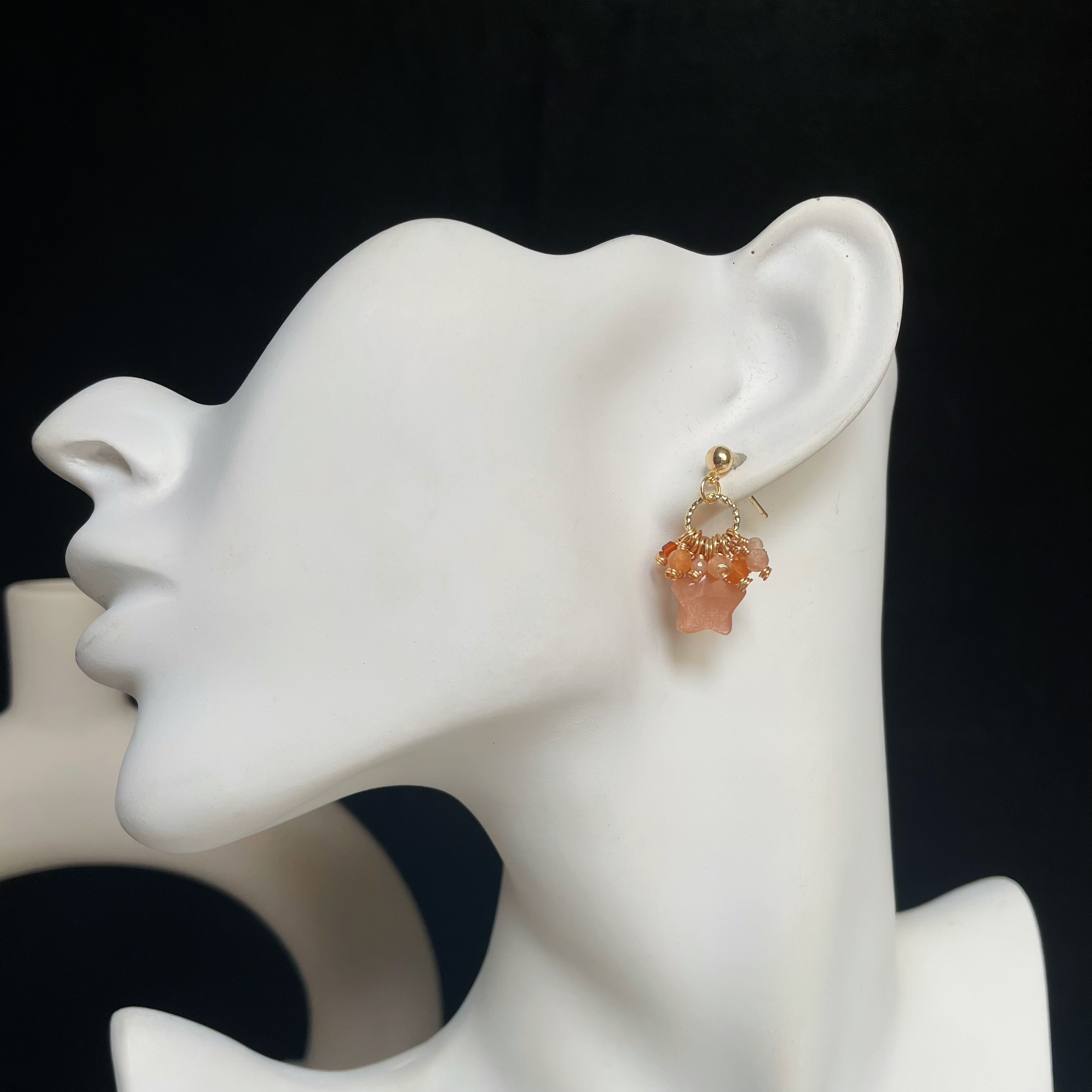 Handmade Amber Nebula Earrings Peach Moonstone Star with Red Aventurine and Red Agate Cluster