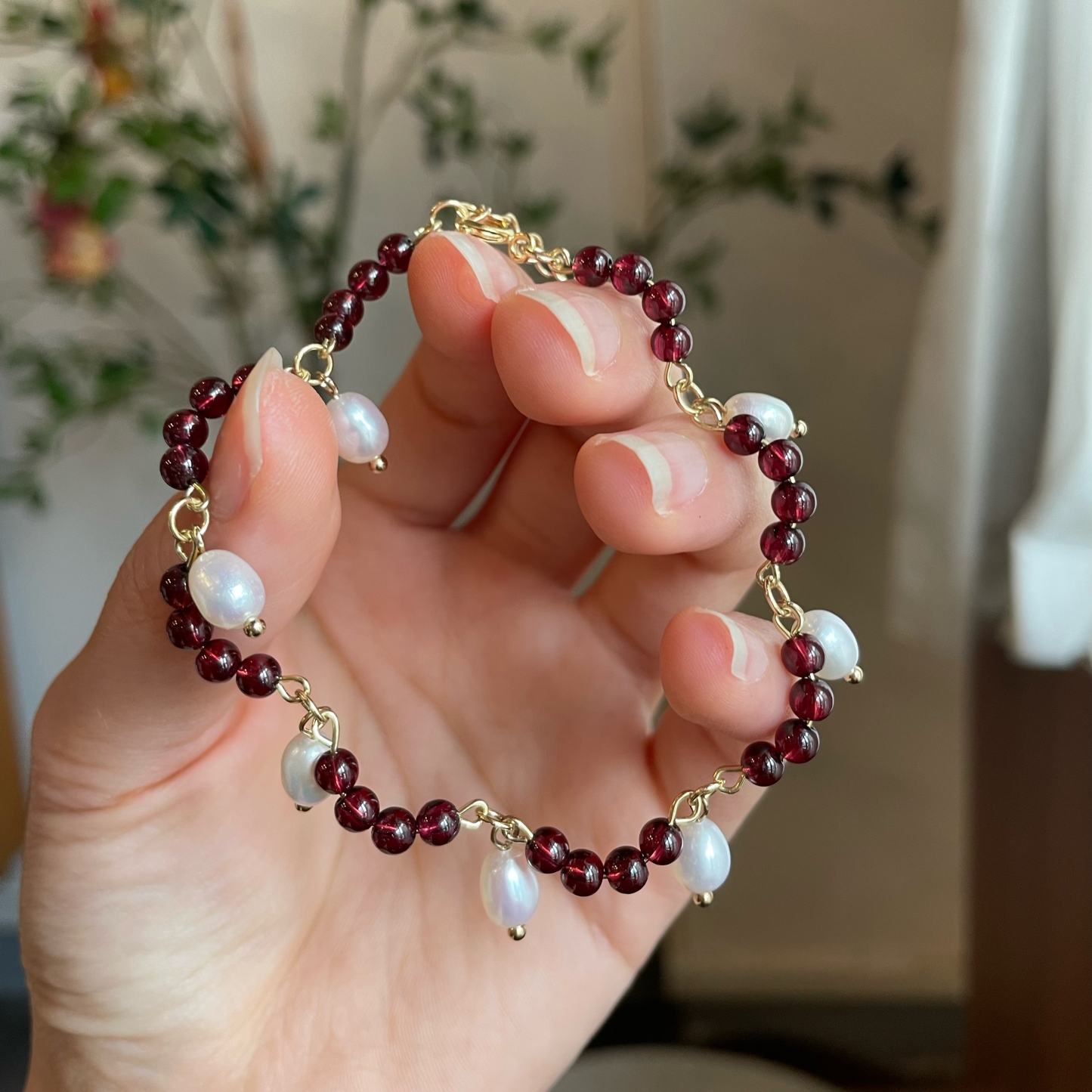 Handmade Deep Red Garnet Freshwater floral with Pearls Charms Bracelet Romantic Vintage Style