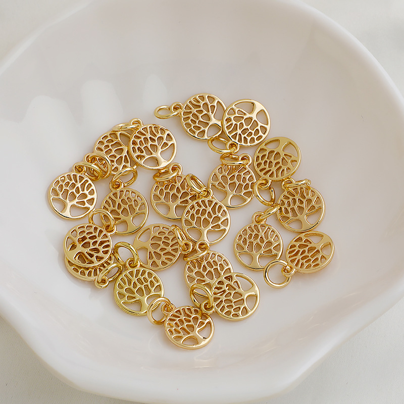Gold Plated Copper Round Hollow Tree of Life Charm Pendant