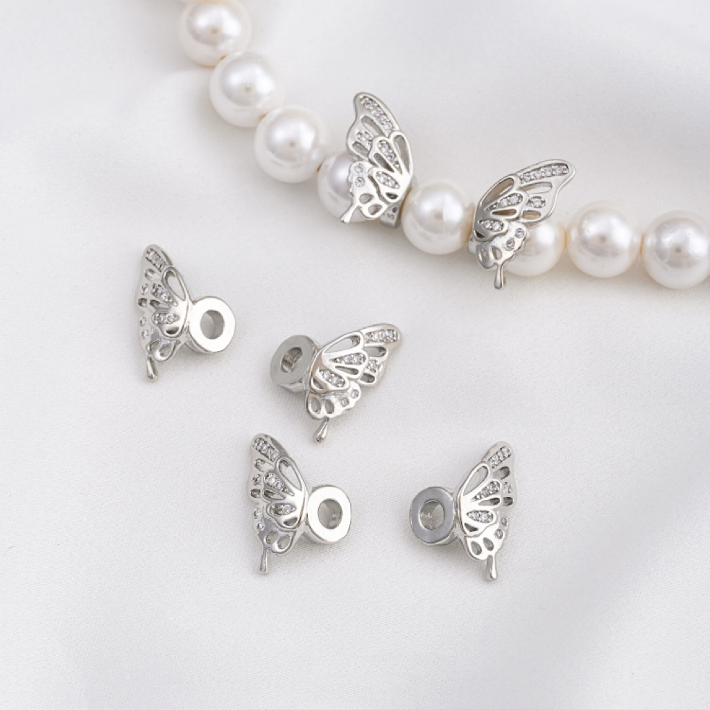 Zircon Inlaid Wings of Butterfly Spacer Beads 1 Pair