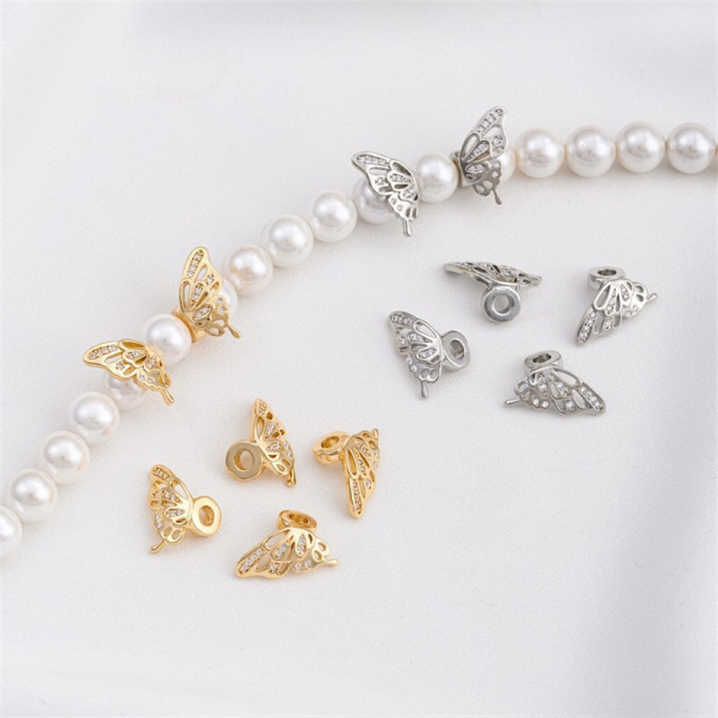 Zircon Inlaid Wings of Butterfly Spacer Beads 1 Pair