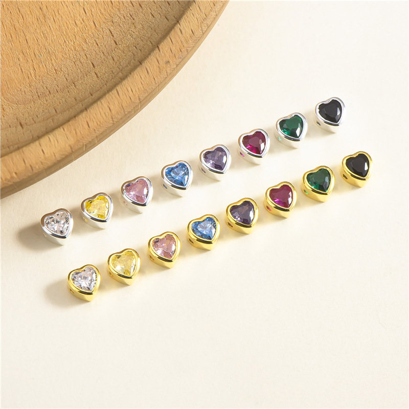 Zirconia Inlaid 925 Silver Heart Shaped Spacer Bead Multiple Color