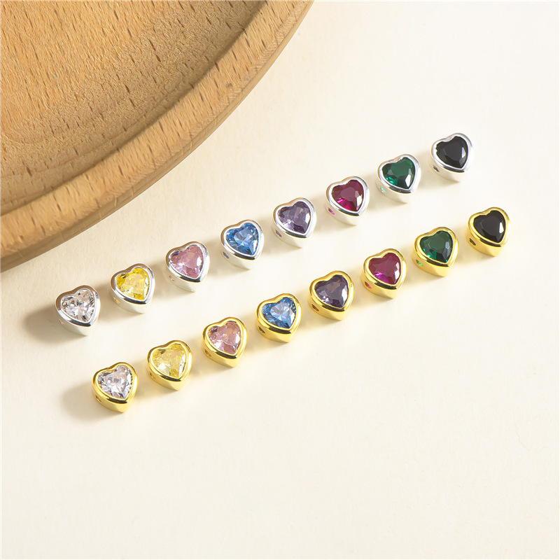 Zirconia Inlaid 925 Silver Heart Shaped Spacer Bead Multiple Color