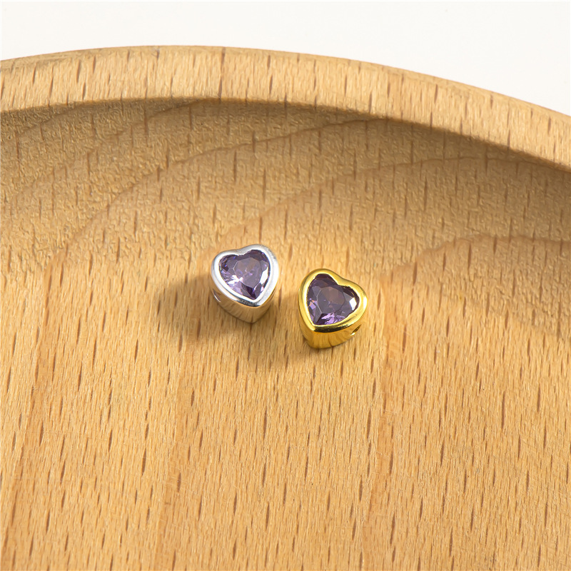 Zirconia Inlaid 925 Silver Heart Shaped Spacer Bead Multiple Color