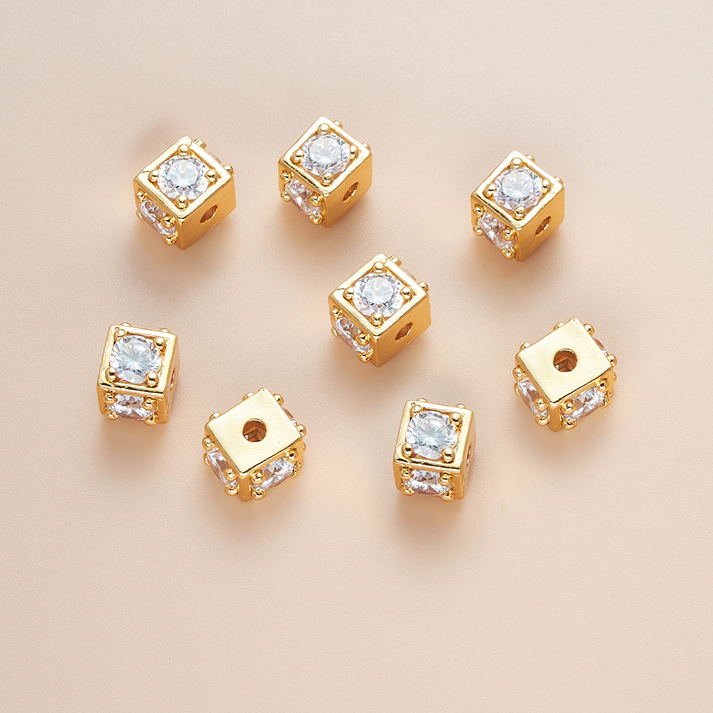 8*8*6mm Zircon Inlaid 14k Gold Plated Cube Spacer Bead Jewelry Charm