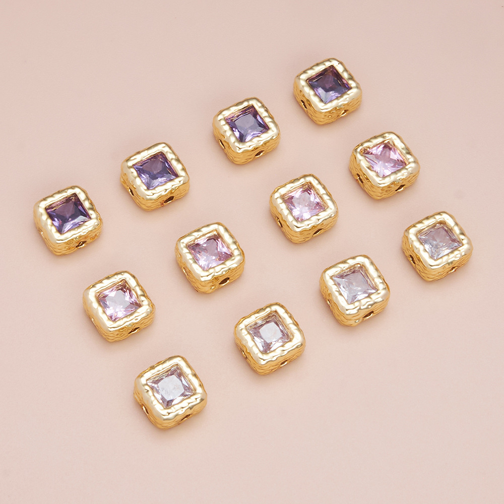 Zircon Inlaid 14K Gold Square Spacer Bead 4 Hole 7.5*7.5*3.5mm Jewelry Charm