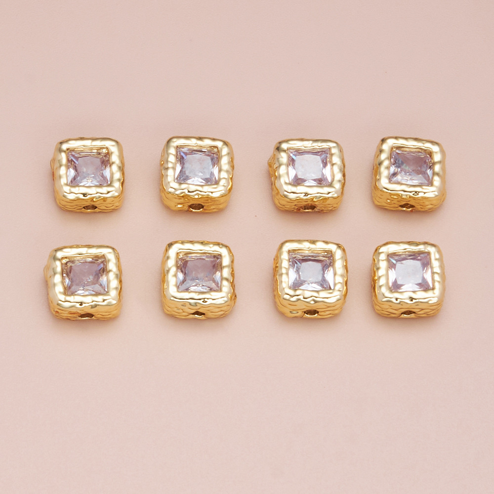 Zircon Inlaid 14K Gold Square Spacer Bead 4 Hole 7.5*7.5*3.5mm Jewelry Charm