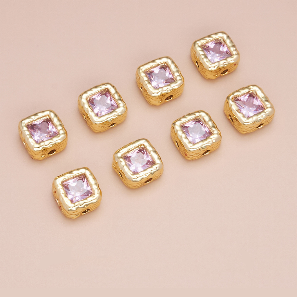 Zircon Inlaid 14K Gold Square Spacer Bead 4 Hole 7.5*7.5*3.5mm Jewelry Charm