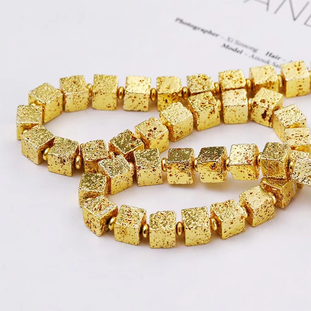 Gold Plated Volcanic Stone Cuboid Spacer Beads Strand