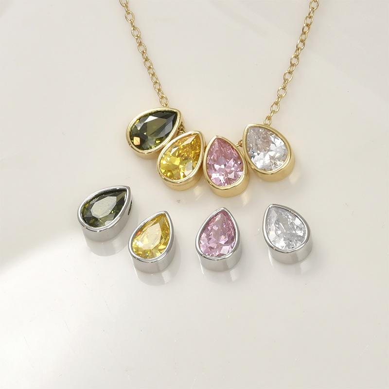 10.2*8.2mm Colored Zircon Water-drop Shaped Inlaid Charm with Cross Hole