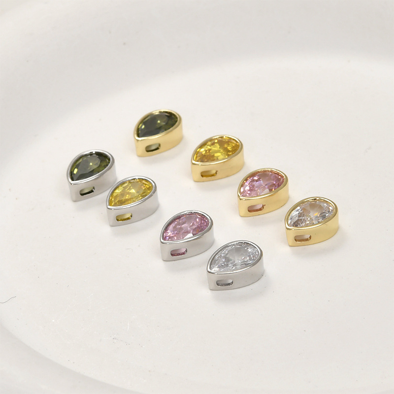 10.2*8.2mm Colored Zircon Water-drop Shaped Inlaid Charm with Cross Hole