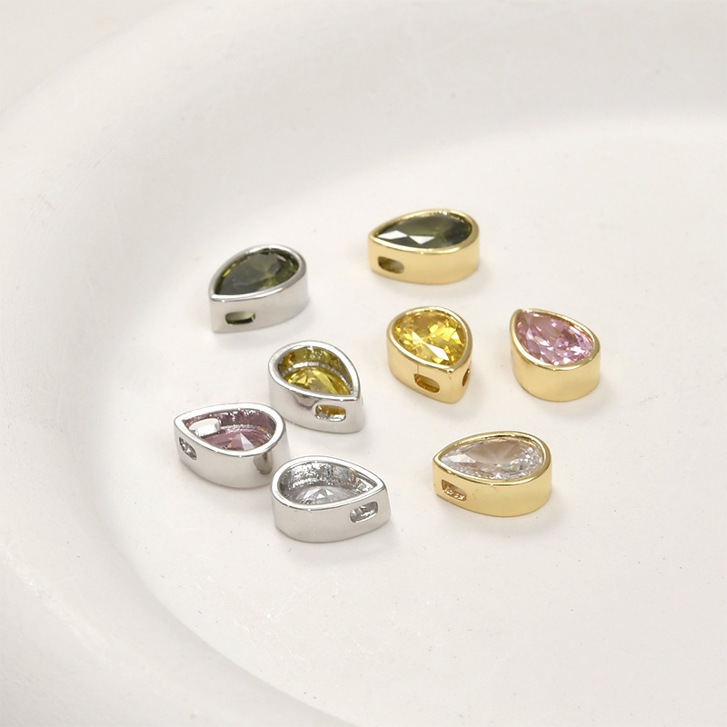 10.2*8.2mm Colored Zircon Water-drop Shaped Inlaid Charm with Cross Hole