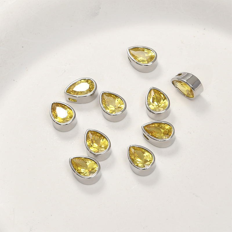 10.2*8.2mm Colored Zircon Water-drop Shaped Inlaid Charm with Cross Hole