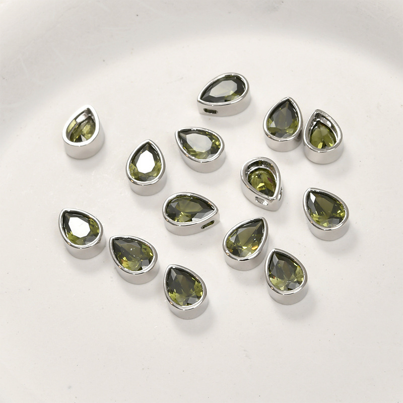 10.2*8.2mm Colored Zircon Water-drop Shaped Inlaid Charm with Cross Hole