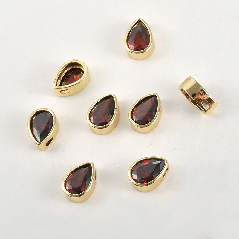 10.2*8.2mm Colored Zircon Water-drop Shaped Inlaid Charm with Cross Hole