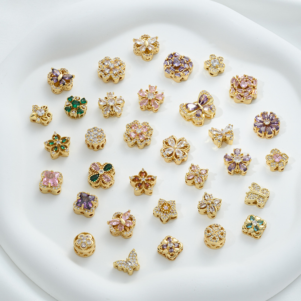 Flowers Colored Zircon Inlaid 14k Gold Spacer Beads Jewelry Charms