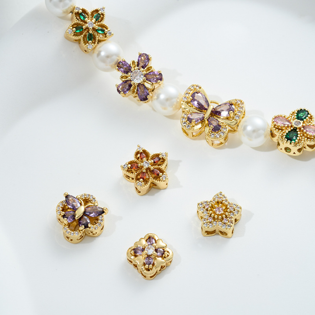 Flowers Colored Zircon Inlaid 14k Gold Spacer Beads Jewelry Charms