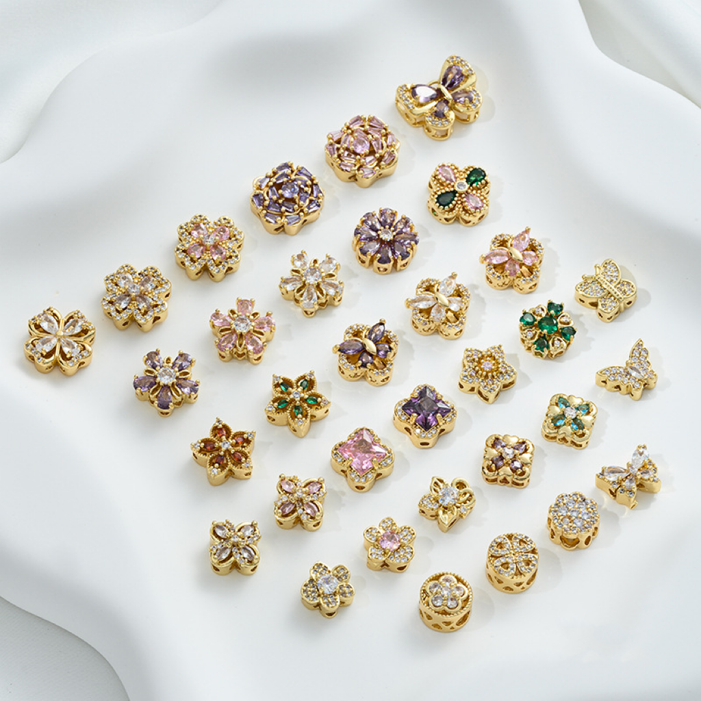 Flowers Colored Zircon Inlaid 14k Gold Spacer Beads Jewelry Charms